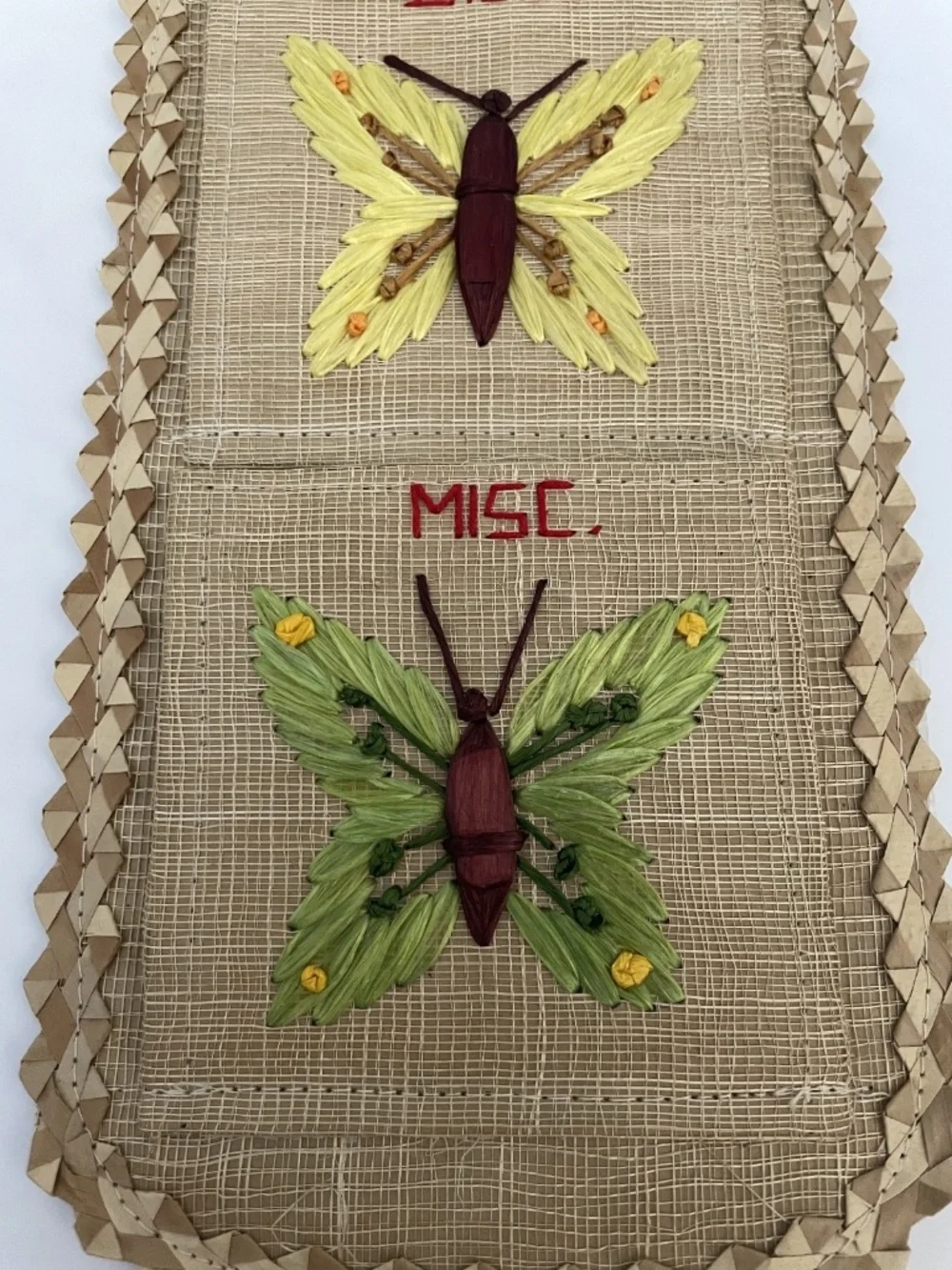 Vintage Wicker Wall Organizer Mail Letter Bill Holder 3 Pocket Butterfly Stitch